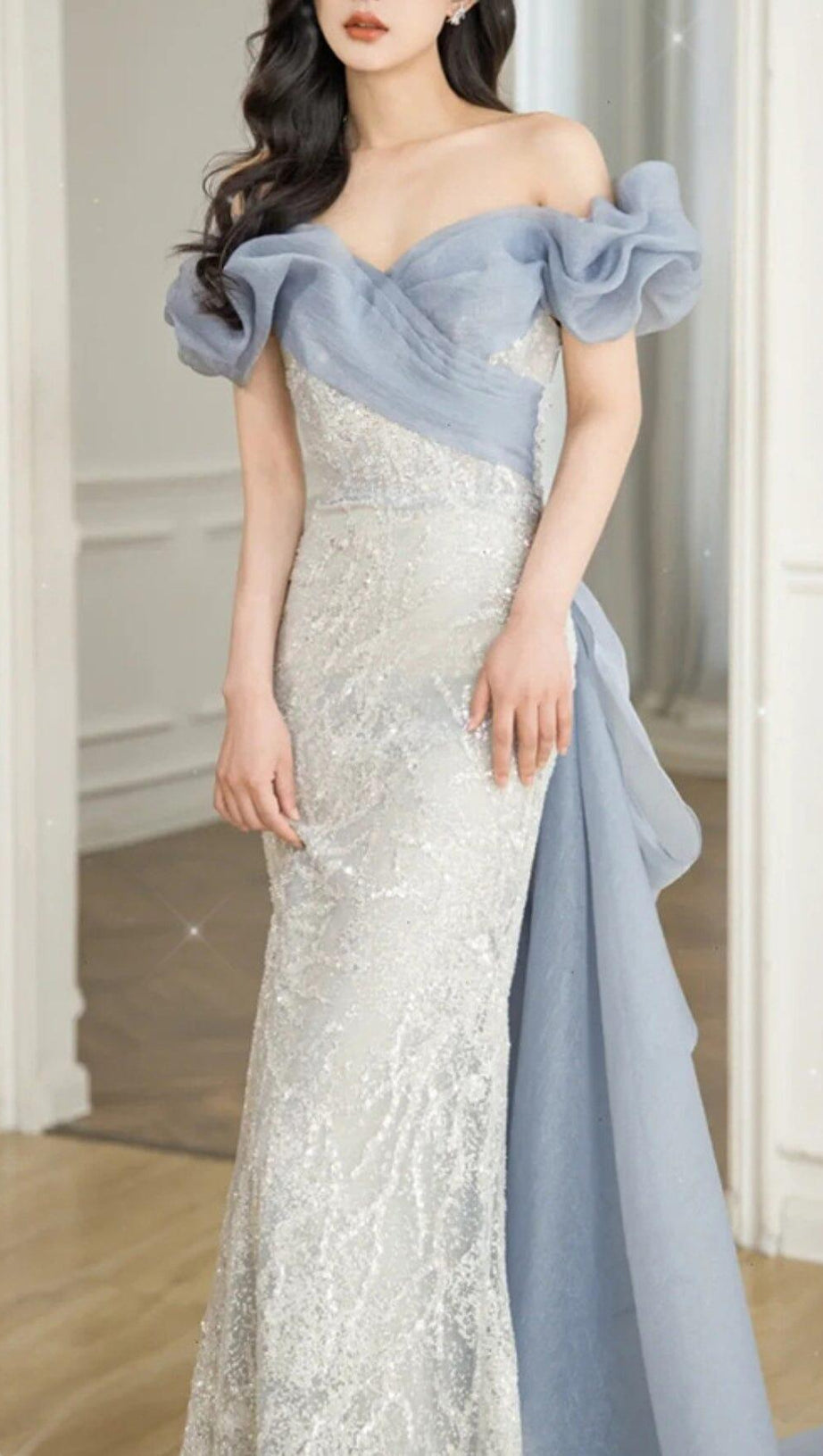 OFF SHOULDER SEQUIN STITCHED MAXI DRESS IN SILVER