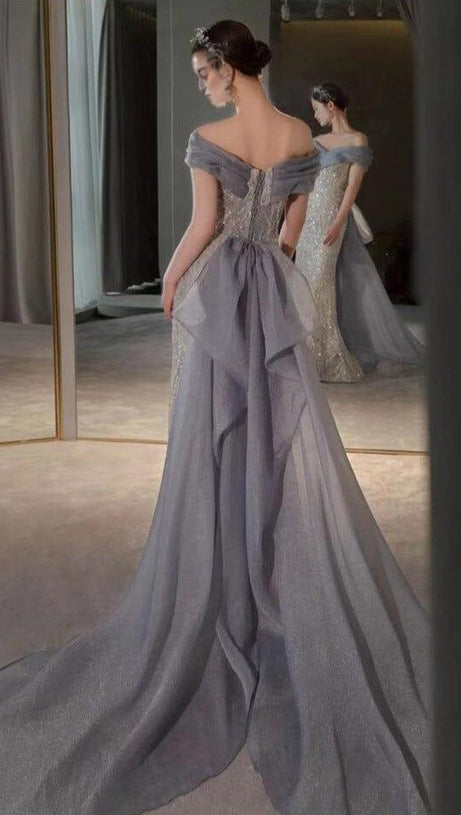 OFF SHOULDER SEQUIN STITCHED MAXI DRESS IN SILVER