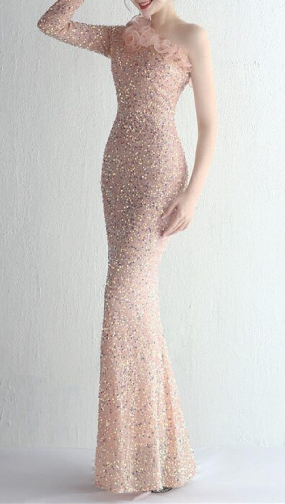 ONE-SHOULDER PUFF SLEEVE SEQUIN STITCHED MAXI DRESS