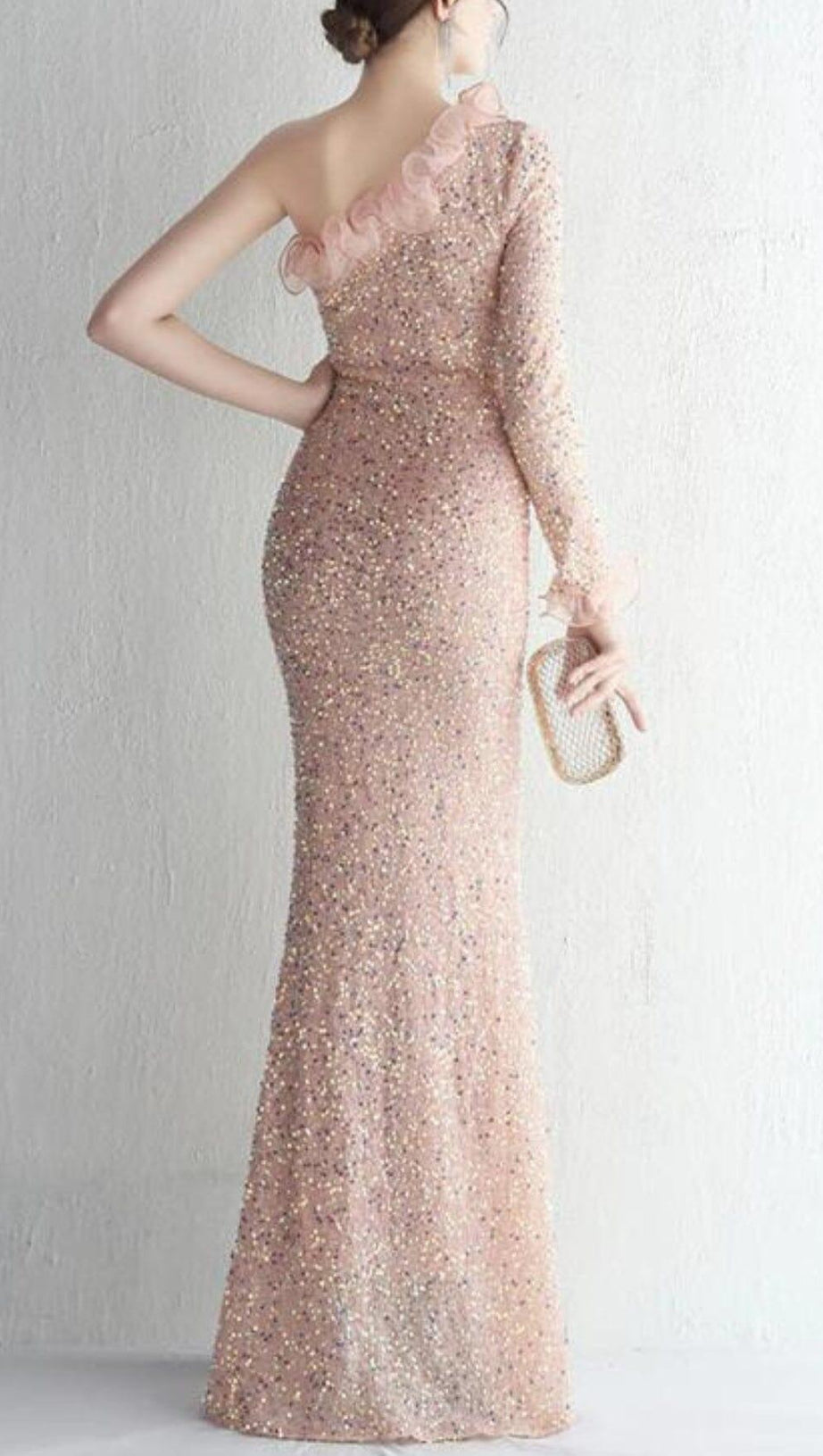 ONE-SHOULDER PUFF SLEEVE SEQUIN STITCHED MAXI DRESS