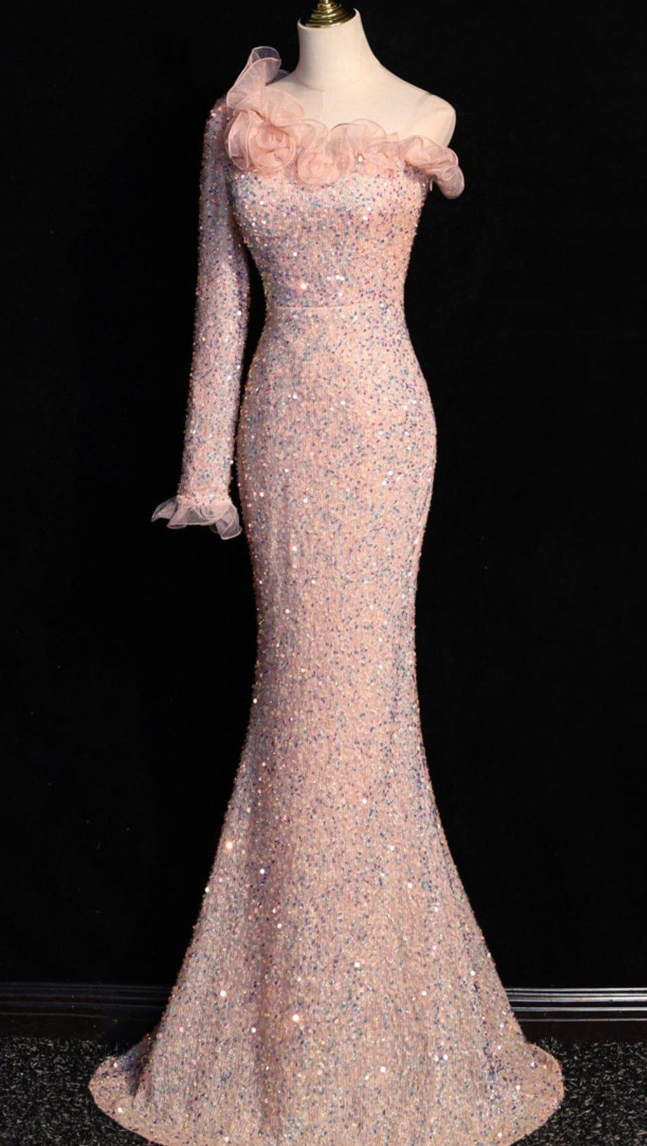 ONE-SHOULDER PUFF SLEEVE SEQUIN STITCHED MAXI DRESS