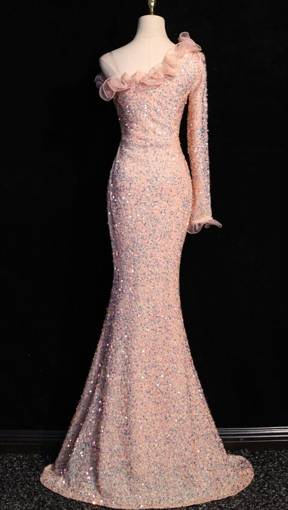 ONE-SHOULDER PUFF SLEEVE SEQUIN STITCHED MAXI DRESS