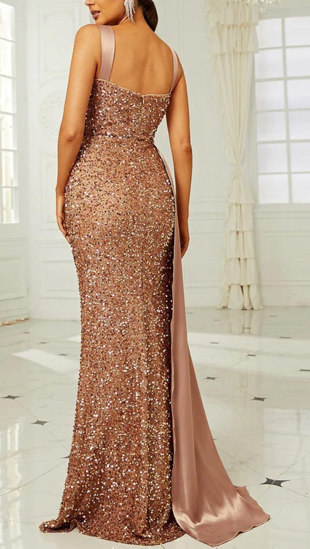 AIIZIE GOLD SEQUIN SLEEVELESS SUSPENDER MAXI DRESS - product image