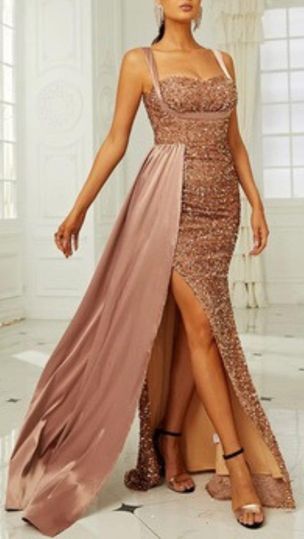 AIIZIE GOLD SEQUIN SLEEVELESS SUSPENDER MAXI DRESS - product image
