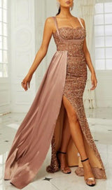 GOLD SEQUIN SLEEVELESS SUSPENDER MAXI DRESS