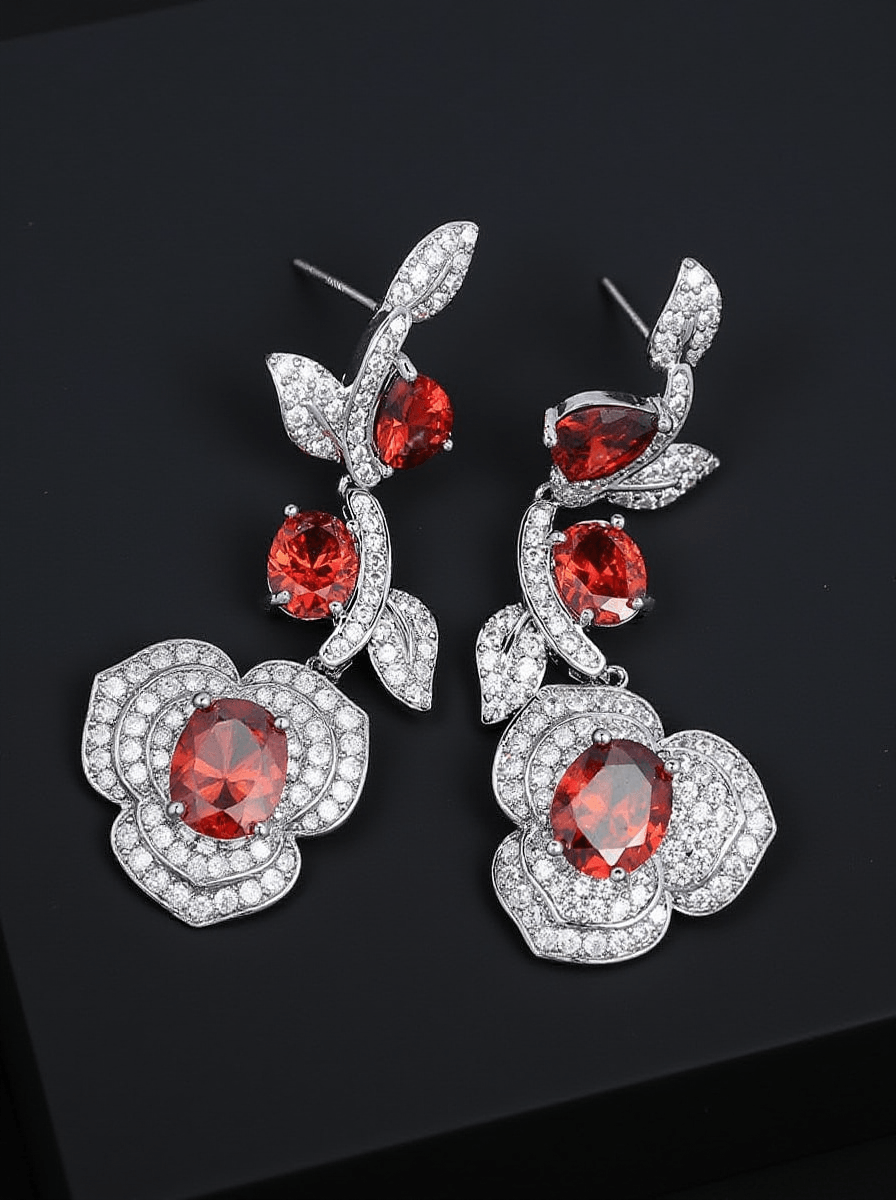 ROTE CRYSTAL FLOWER DROP EARRINGS