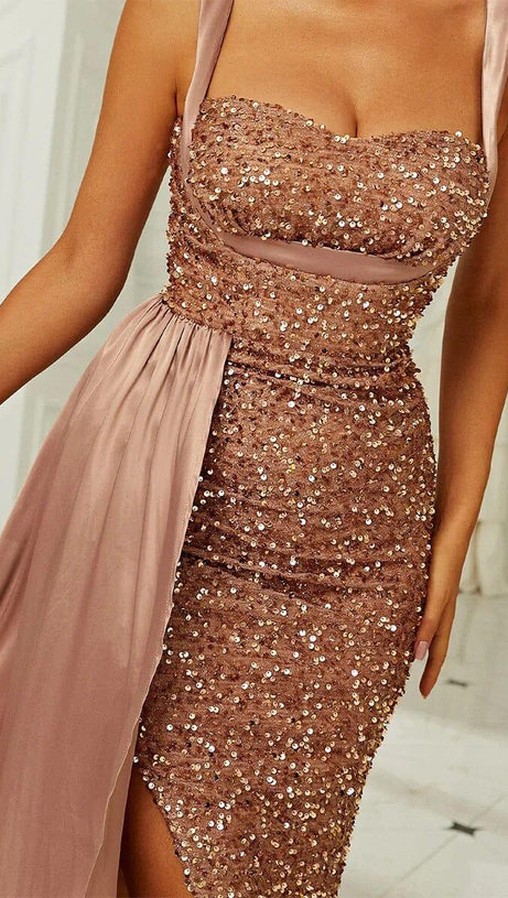 GOLD SEQUIN SLEEVELESS SUSPENDER MAXI DRESS