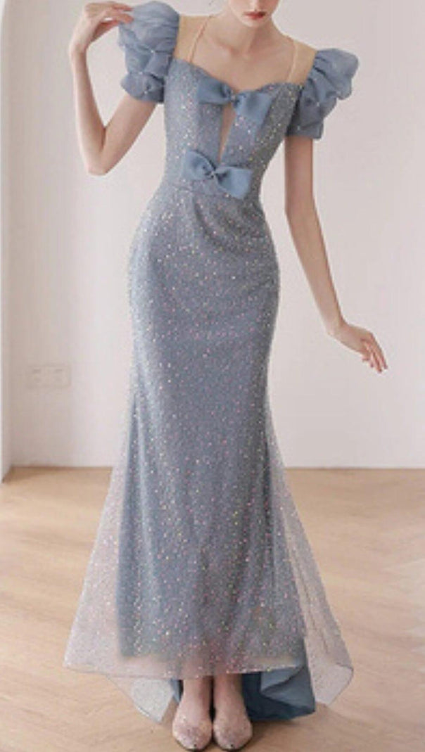 AIIZIE SEQUIN PUFF SLEEVE MAXI DRESS IN BLUE - product image