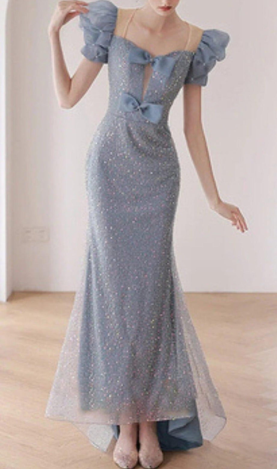 SEQUIN PUFF SLEEVE MAXI DRESS IN BLUE