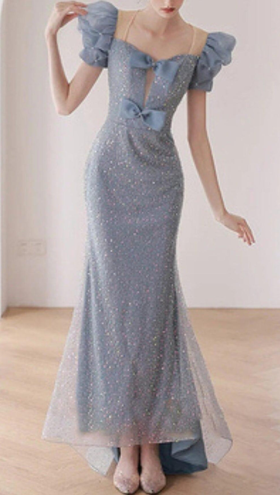 SEQUIN PUFF SLEEVE MAXI DRESS IN BLUE