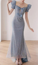 SEQUIN PUFF SLEEVE MAXI DRESS IN BLUE