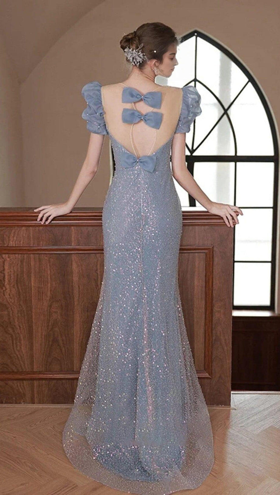 SEQUIN PUFF SLEEVE MAXI DRESS IN BLUE