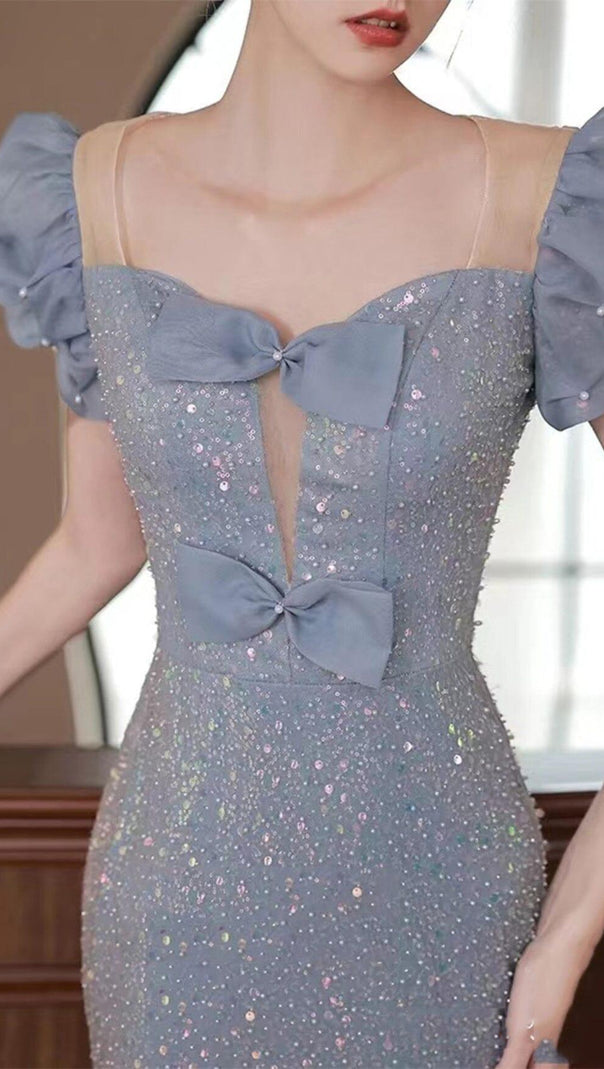AIIZIE SEQUIN PUFF SLEEVE MAXI DRESS IN BLUE - product image