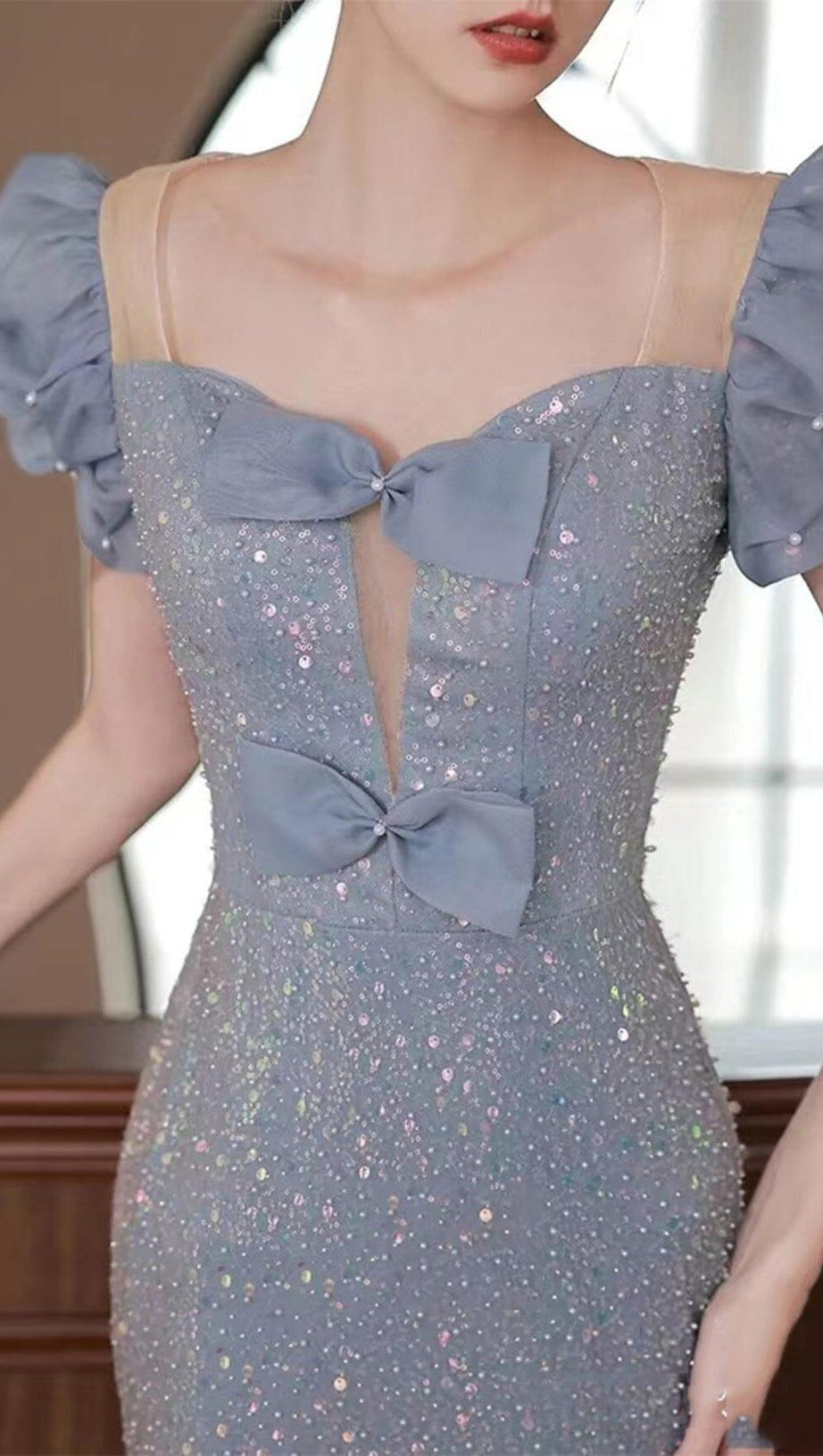 SEQUIN PUFF SLEEVE MAXI DRESS IN BLUE