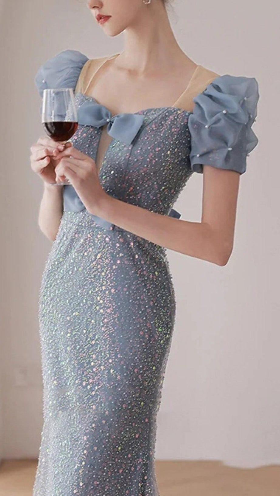 SEQUIN PUFF SLEEVE MAXI DRESS IN BLUE