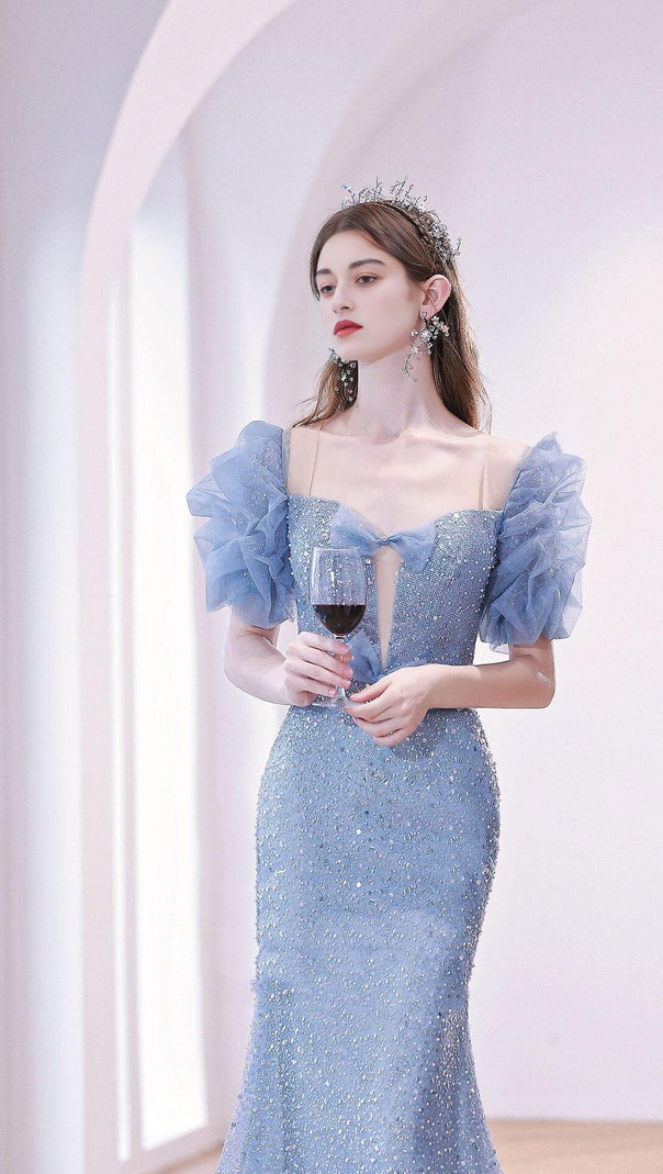 AIIZIE SEQUIN PUFF SLEEVE MAXI DRESS IN BLUE - product image