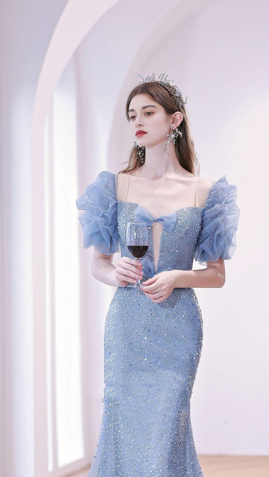 SEQUIN PUFF SLEEVE MAXI DRESS IN BLUE