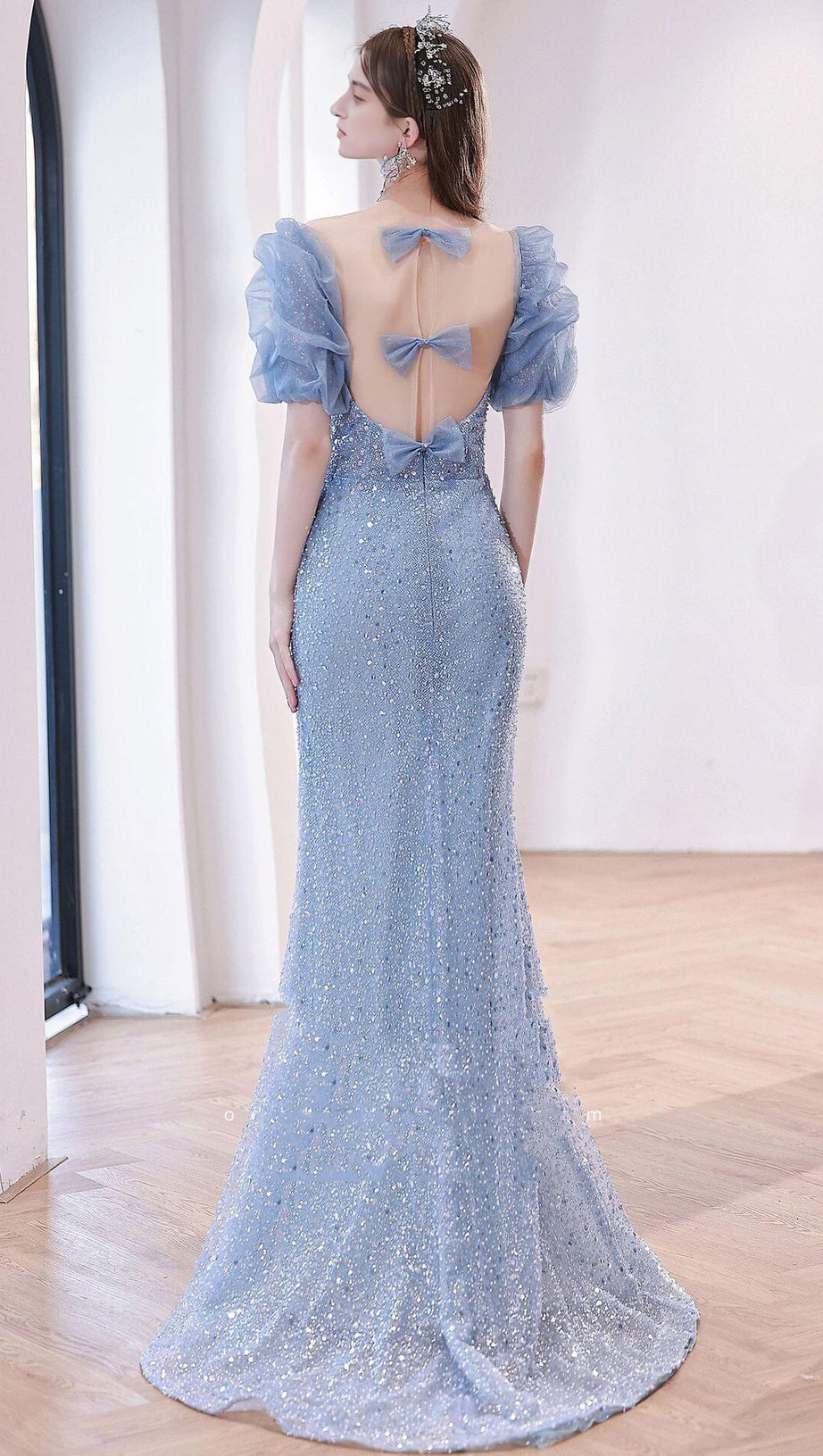 SEQUIN PUFF SLEEVE MAXI DRESS IN BLUE