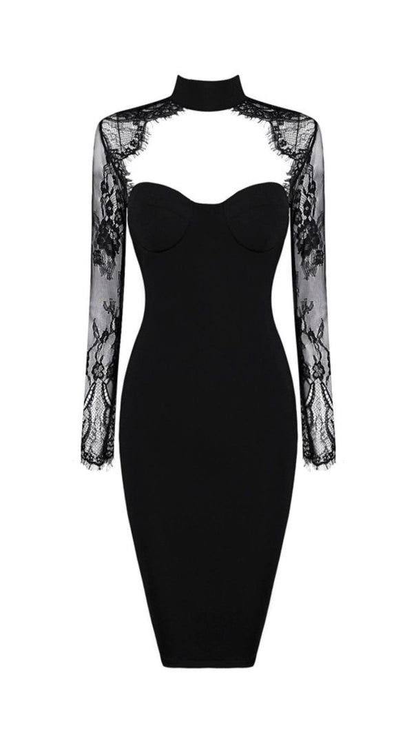 AIIZIE BLACK LACE STITCHED CHEST HOLLOW DRESS - product image