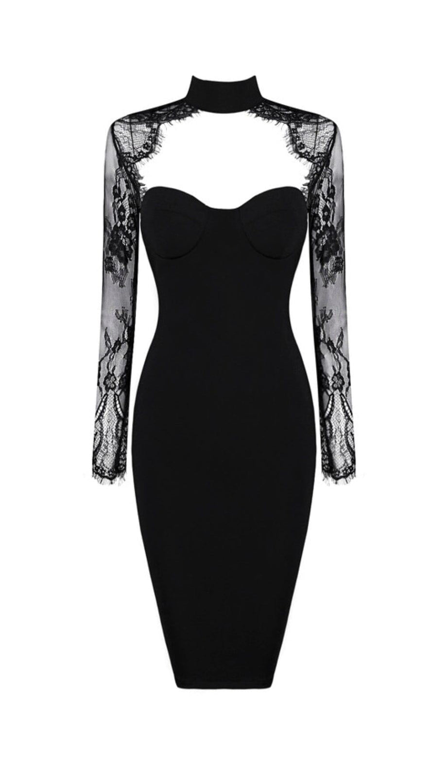Schwarzes Kleid mit Spitzennähten und Brusthöhlen