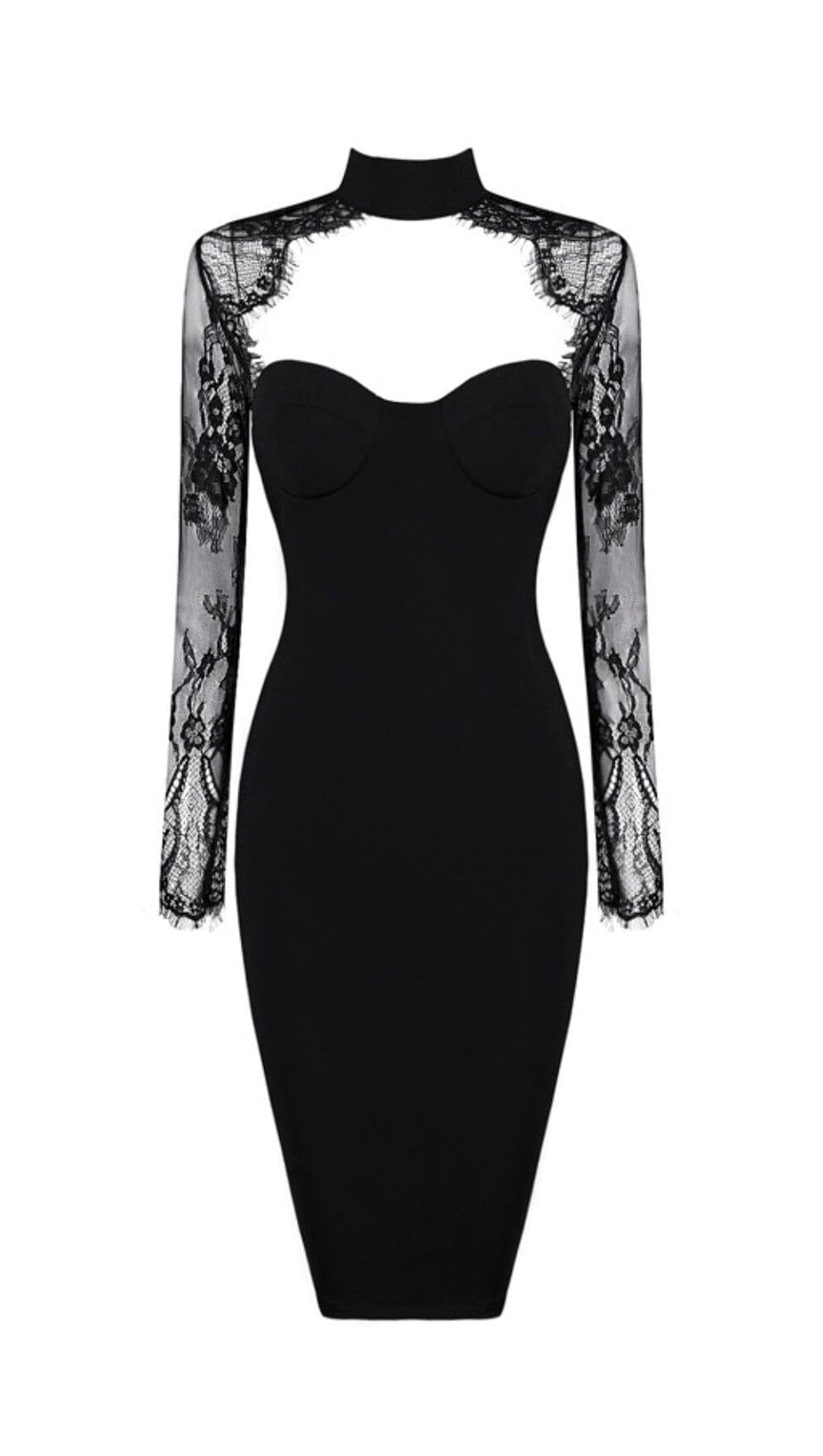 BLACK LACE STITCHED CHEST HOLLOW DRESS