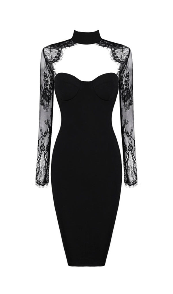 BLACK LACE STITCHED CHEST HOLLOW DRESS