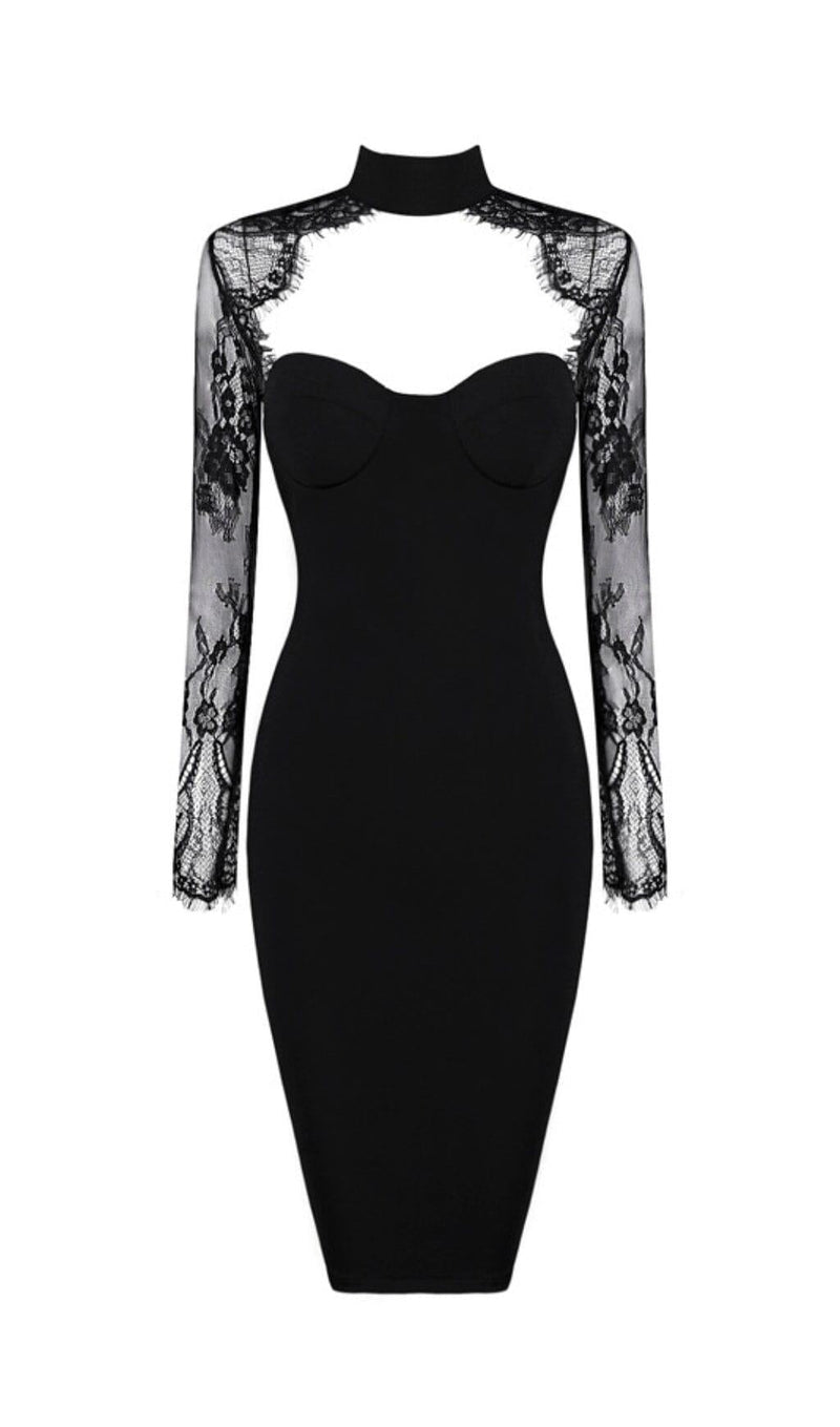 BLACK LACE STITCHED CHEST HOLLOW DRESS