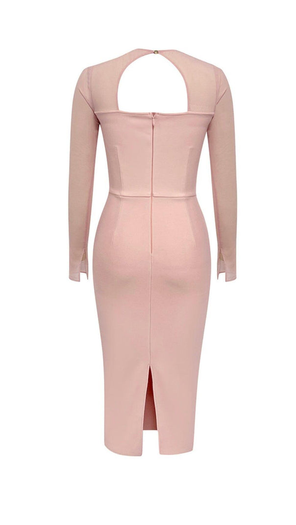 AIIZIE PINK MESH LONG-SLEEVED SLOPE NECK HOLLOW DRESS - product image
