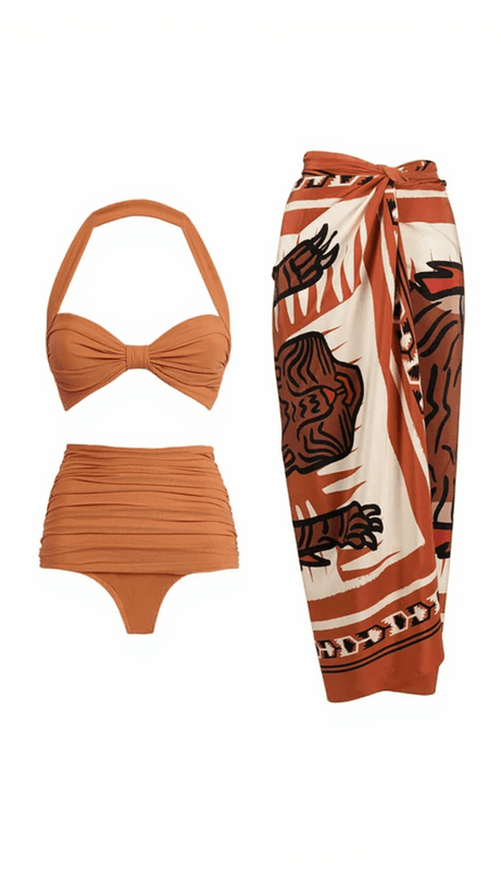 ALMOND HALTERNECK BIKINI THREE PIECE SET