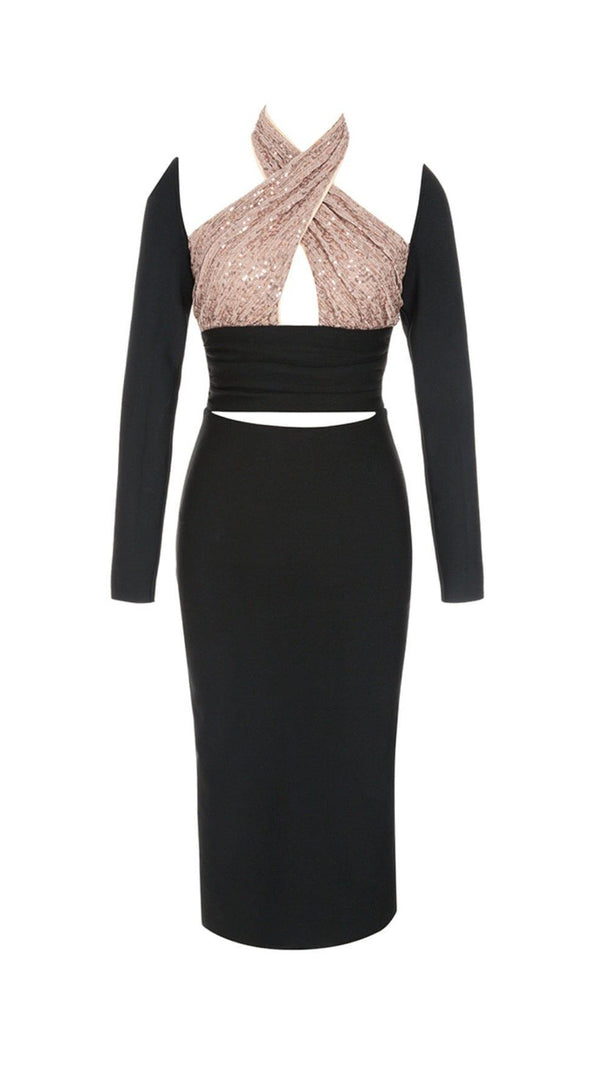 AIIZIE BLACK STITCHED HALTERNECK DESIGN MIDI DRESS - product image