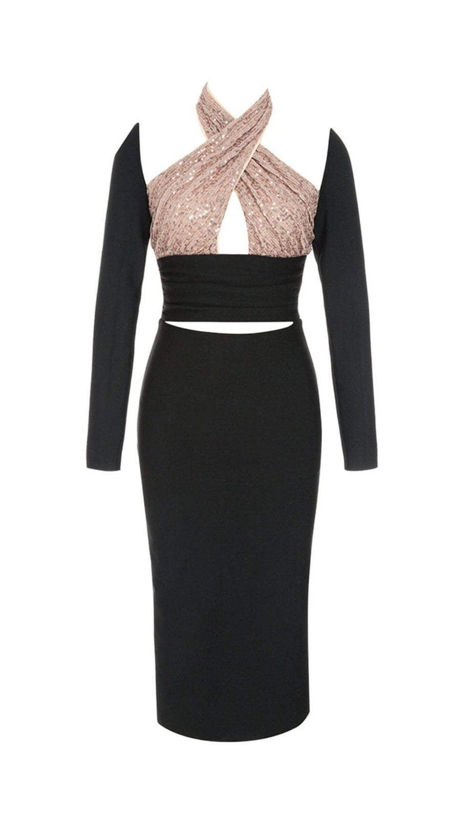 BLACK STITCHED HALTERNECK DESIGN MIDI DRESS