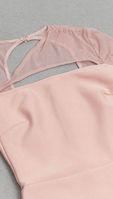 PINK MESH LONG-SLEEVED SLOPE NECK HOLLOW DRESS