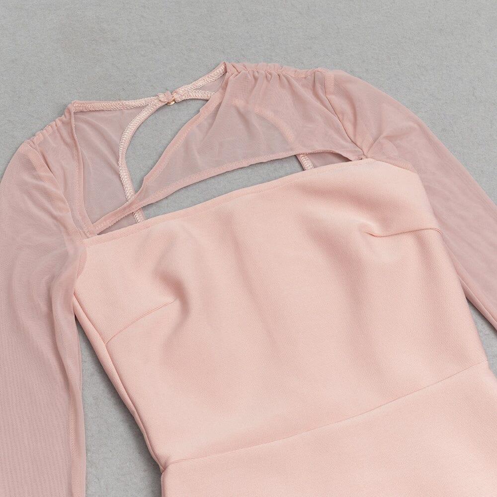 AIIZIE PINK MESH LONG-SLEEVED SLOPE NECK HOLLOW DRESS - product image