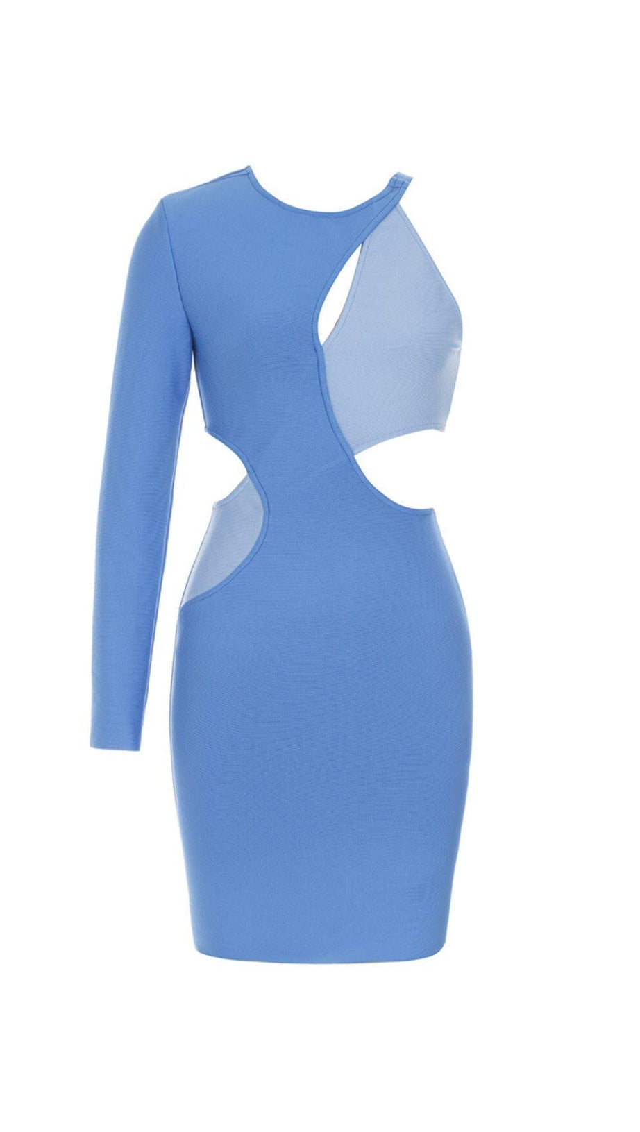 BLAUES MINIKLEID MIT RUNDHALSAUSSCHNITT UND UNREGELMÄSSIGEN NÄHTEN UND EINER SCHULTER