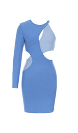 BLUE ROUND-NECK IRREGULAR STITCHED ONE-SHOULDER MINI DRESS