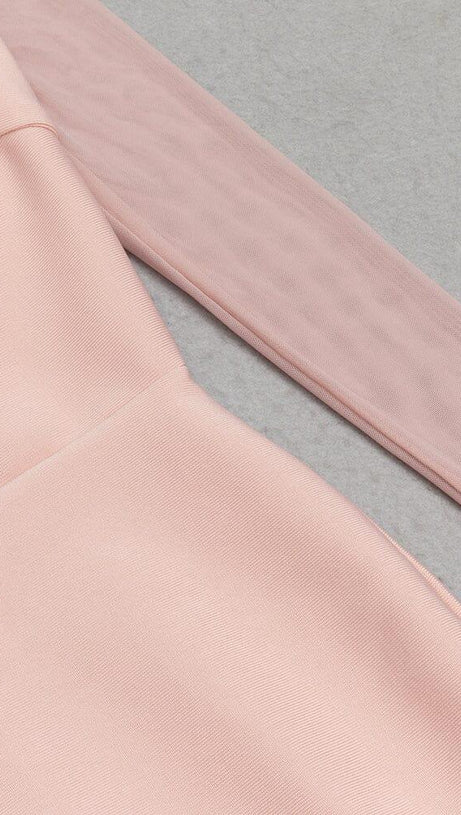 PINK MESH LONG-SLEEVED SLOPE NECK HOLLOW DRESS