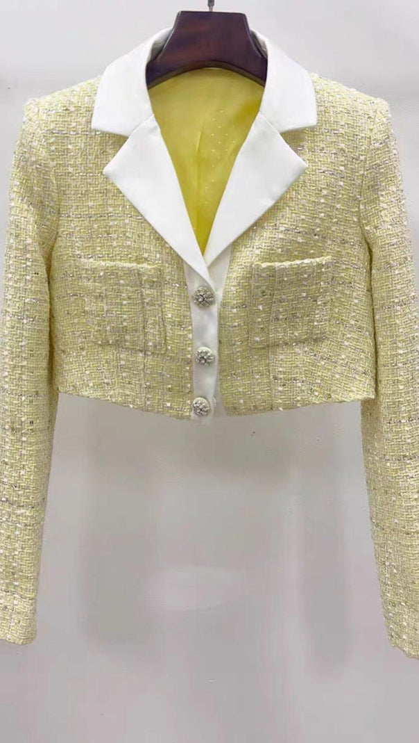 Yellow Color Light Thin Tweed Short Coat & Skirt