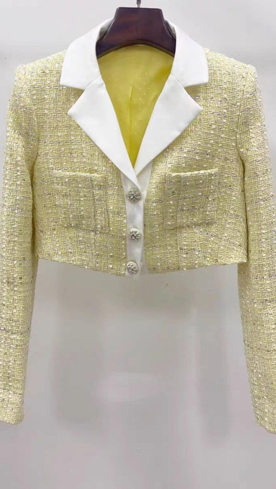 YELLOW COLOR LIGHT THIN TWEED SHORT COAT & SKIRT