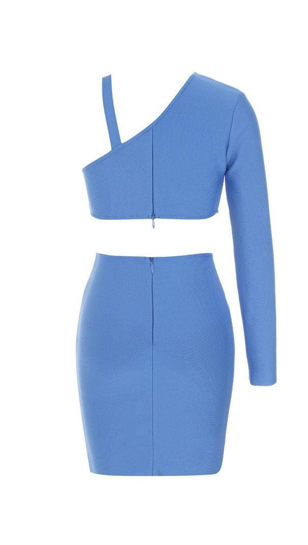 AIIZIE BLUE ROUND-NECK IRREGULAR STITCHED ONE-SHOULDER MINI DRESS - product image