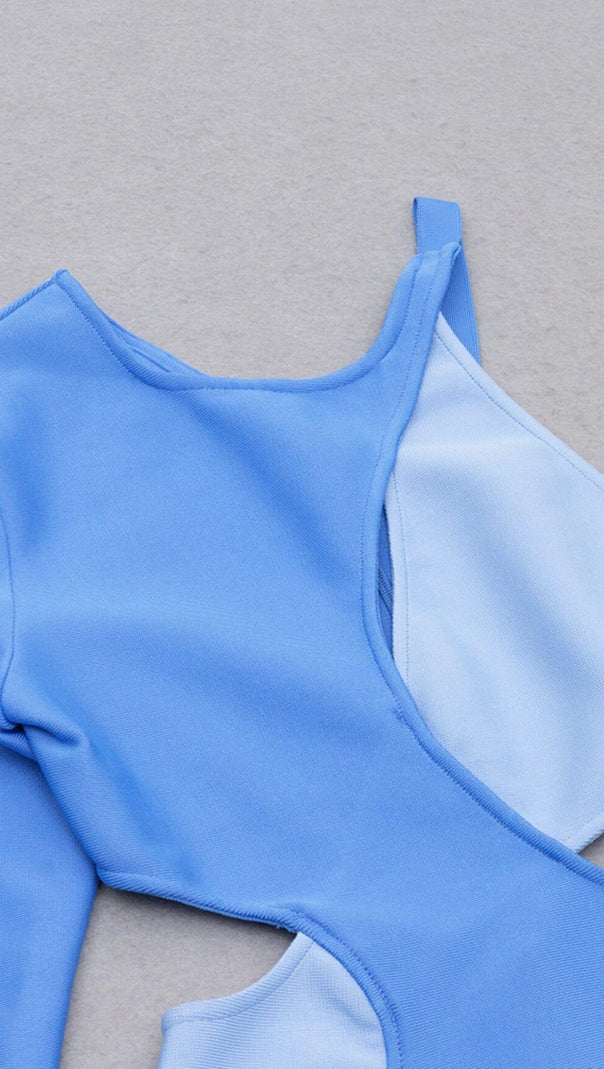 AIIZIE BLUE ROUND-NECK IRREGULAR STITCHED ONE-SHOULDER MINI DRESS - product image