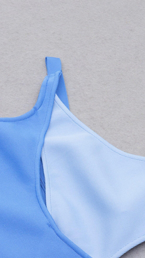 AIIZIE BLUE ROUND-NECK IRREGULAR STITCHED ONE-SHOULDER MINI DRESS - product image