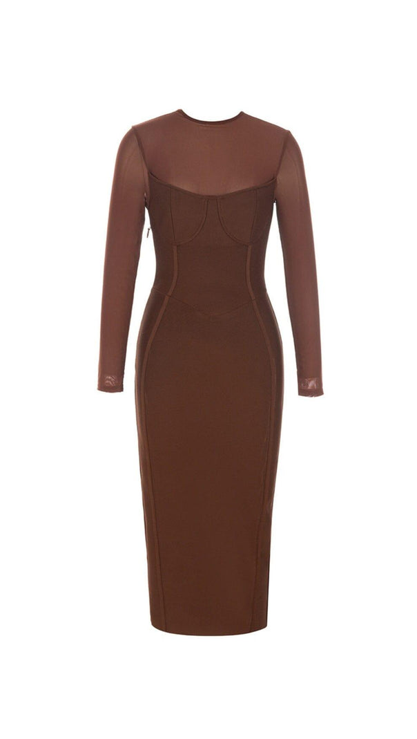 AIIZIE BROWN MESH STITCHED SEXY SKINNY MIDI DRESS - product image