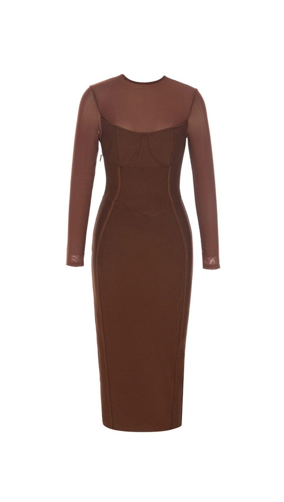 BROWN MESH STITCHED SEXY SKINNY MIDI DRESS