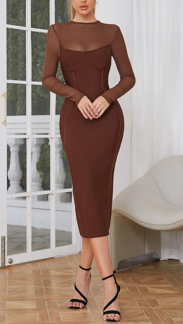 AIIZIE BROWN MESH STITCHED SEXY SKINNY MIDI DRESS - product image