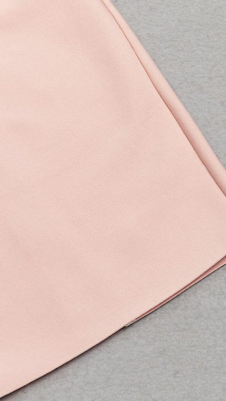 PINK MESH LONG-SLEEVED SLOPE NECK HOLLOW DRESS