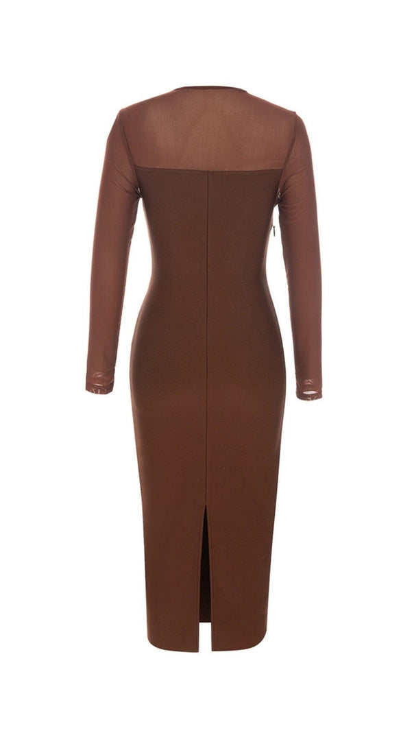 AIIZIE BROWN MESH STITCHED SEXY SKINNY MIDI DRESS - product image
