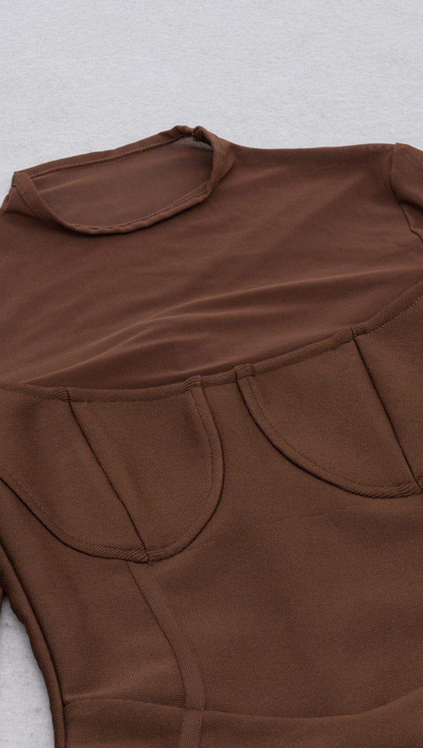 AIIZIE BROWN MESH STITCHED SEXY SKINNY MIDI DRESS - product image