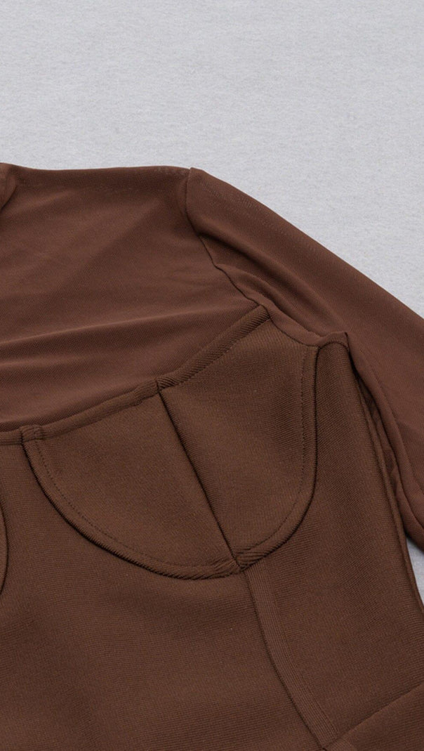 AIIZIE BROWN MESH STITCHED SEXY SKINNY MIDI DRESS - product image
