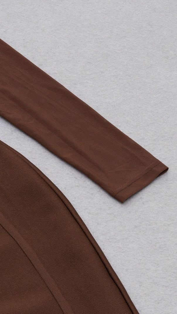 AIIZIE BROWN MESH STITCHED SEXY SKINNY MIDI DRESS - product image