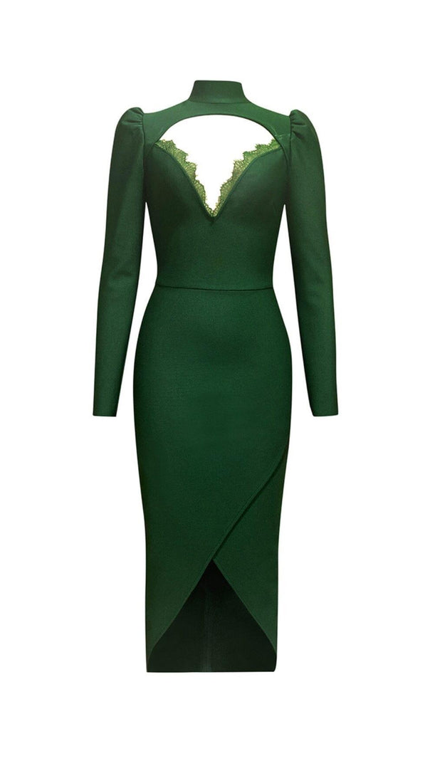 AIIZIE DARK GREEN CHEST HOLLOW LACE STITCHED SLIM MIDI DRESS - product image
